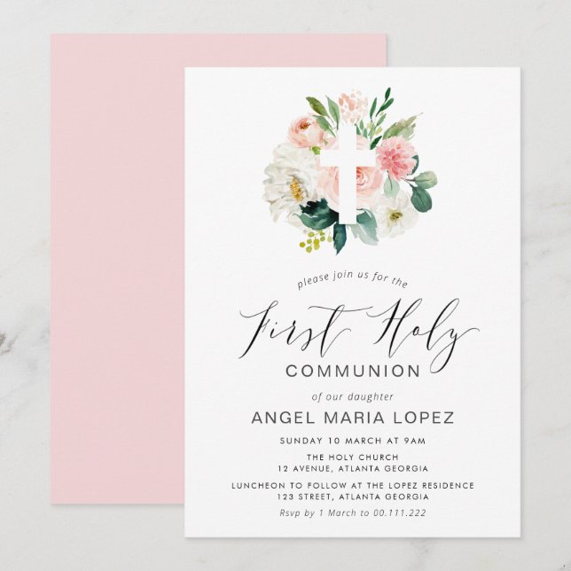 blush flowers cross first communion invitation (Front/Back)