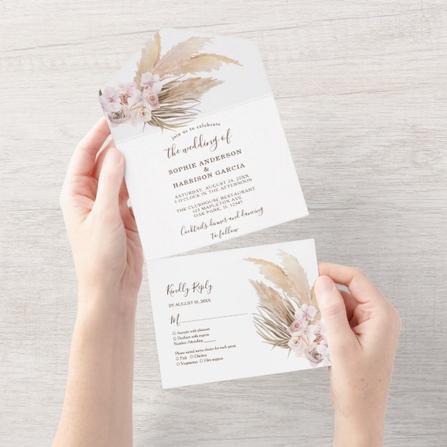 Blush Flowers Desert Boho Pampas Grass Wedding All In One Invitation (Tearaway)