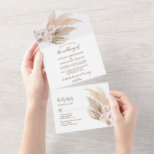 Blush Flowers Desert Boho Pampas Grass Wedding All In One Invitation