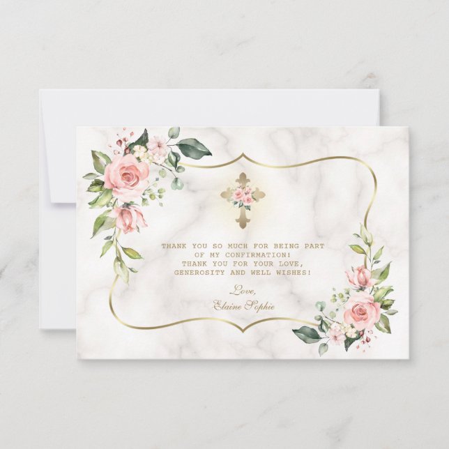 Blush Flowers Gold Cross Marble Confirmation Thank You Card (Front)