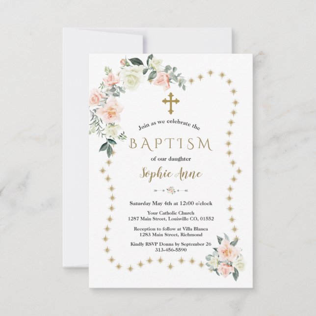Blush Flowers Gold Glitter Sparkles Girl Baptism Invitation (Front)