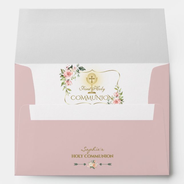 Blush Flowers Gold Holy Communion Return Address Envelope (Back (Bottom))