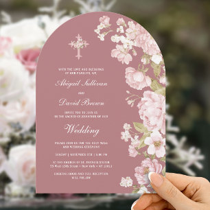 Blush Flowers on Dusty Rose Arch Religious Wedding Invitation