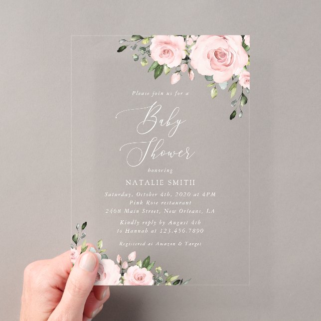 Blush Flowers, Pink Flowers, Boho, Baby Shower Acrylic Invitations (Insitu (Handheld))