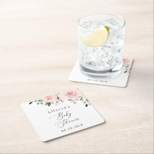 Blush Flowers, Pink Flowers, Boho, Baby Shower Square Paper Coaster