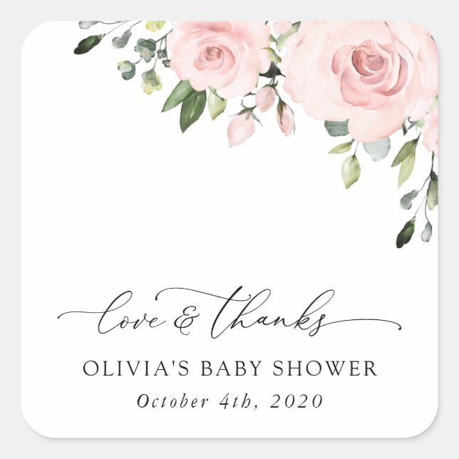 Blush Flowers, Pink Flowers, Boho, Baby Shower Square Sticker (Front)