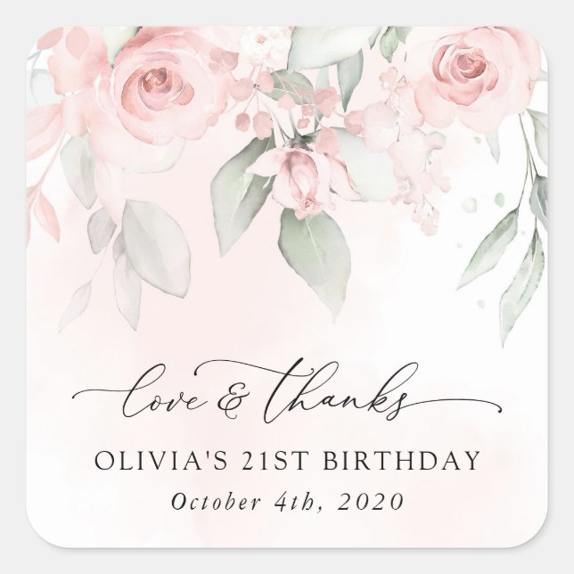 Blush Flowers, Pink Flowers, Boho, Birthday Square Sticker (Front)