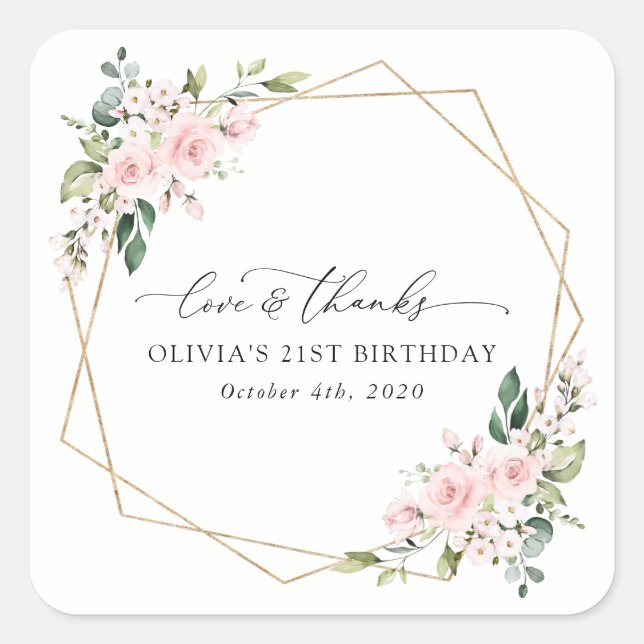 Blush Flowers, Pink Flowers, Boho, Birthday Square Sticker (Front)