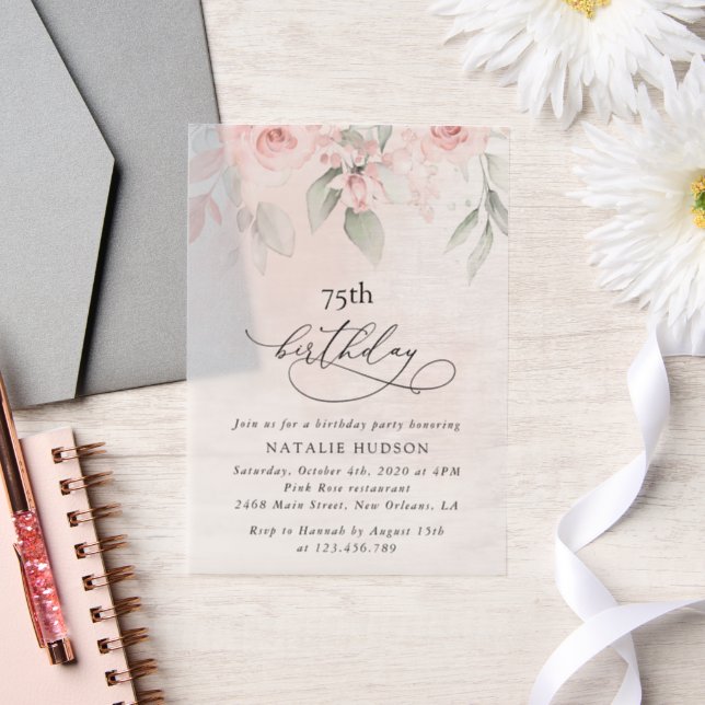 Blush Flowers, Pink Flowers, Boho, Birthday Vellum Invitations (Wedding)
