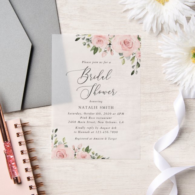 Blush Flowers, Pink Flowers, Boho, Bridal Shower Vellum Invitations (Wedding)
