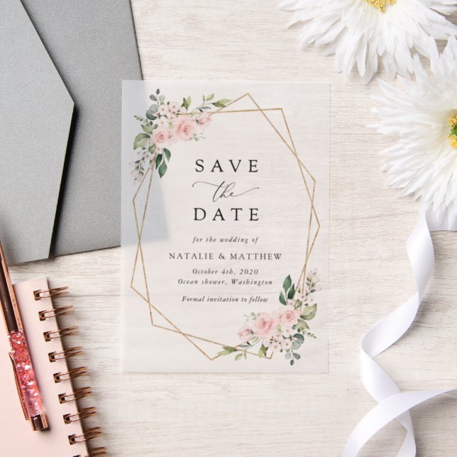 Blush Flowers, Pink Flowers, Boho, Save The Date Vellum Invitations (Wedding)