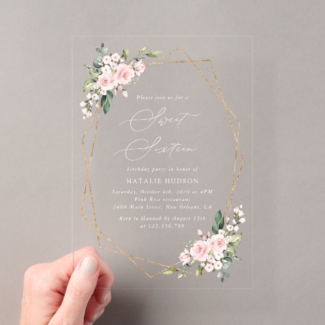 Blush Flowers, Pink Flowers, Boho, Sweet 16 Acrylic Invitations (Insitu (Handheld))