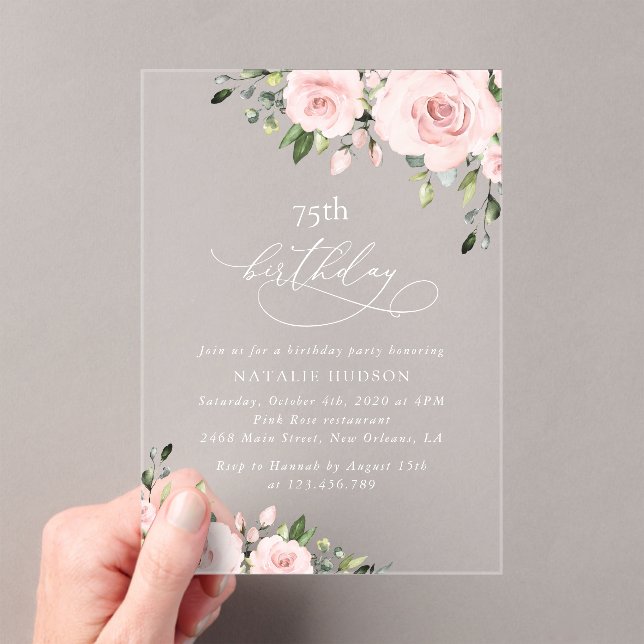 Blush Flowers, Pink Flowers, Greenery, Birthday Acrylic Invitations (Insitu (Handheld))