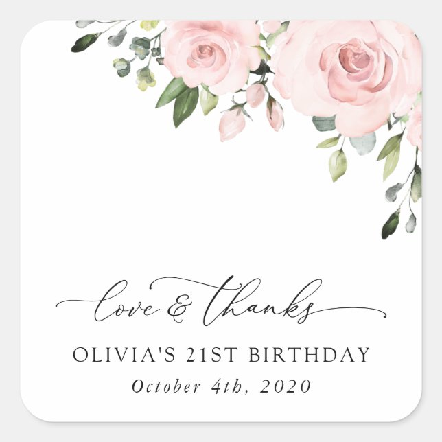 Blush Flowers, Pink Flowers, Greenery, Birthday Square Sticker (Front)
