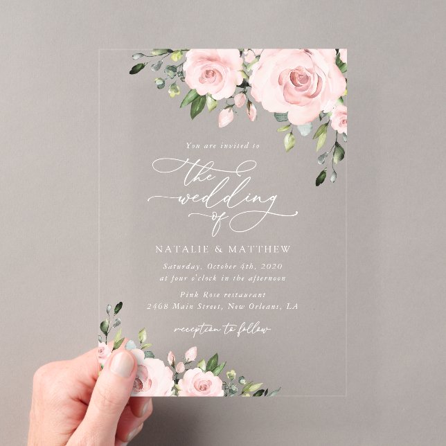 Blush Flowers, Pink Flowers, Greenery, Wedding Acrylic Invitations (Insitu (Handheld))