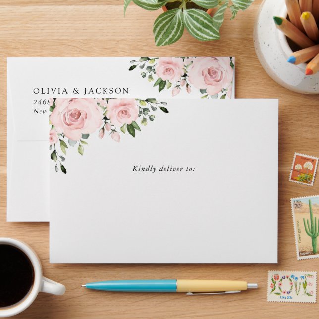 Blush Flowers, Pink Flowers, Greenery, Wedding Envelope (Desk)