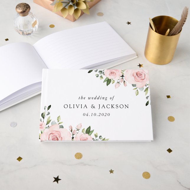 Blush Flowers, Pink Flowers, Greenery, Wedding Guest Book (Front Open)