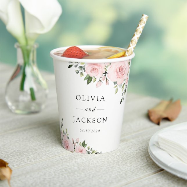 Blush Flowers, Pink Flowers, Greenery, Wedding Paper Cups (Insitu)