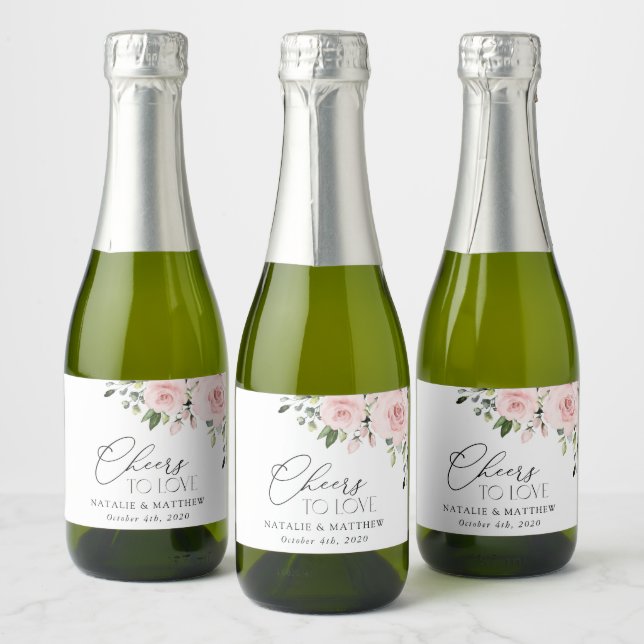 Blush Flowers, Pink Flowers, Greenery, Wedding Sparkling Wine Label (Bottles)