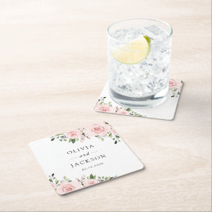 Blush Flowers, Pink Flowers, Greenery, Wedding Square Paper Coaster