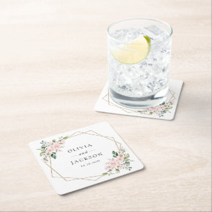 Blush Flowers, Pink Flowers, Greenery, Wedding Square Paper Coaster