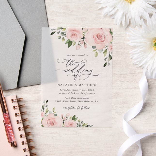 Blush Flowers, Pink Flowers, Greenery, Wedding Vellum Invitations (Wedding)