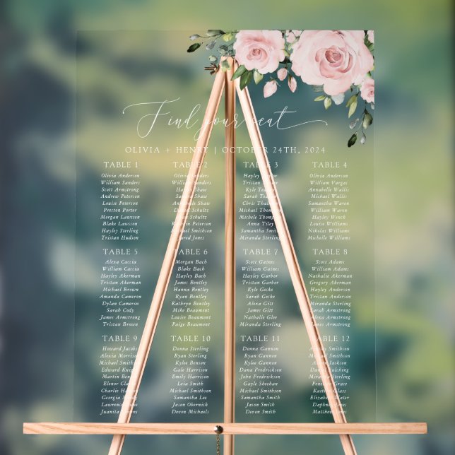 Blush Flowers, Pink Flowers, Wedding Seating Chart (Neutral)