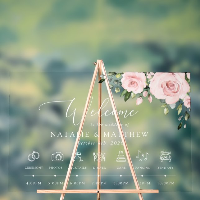 Blush Flowers, Pink Flowers, Wedding Timeline Acrylic Sign (Neutral)