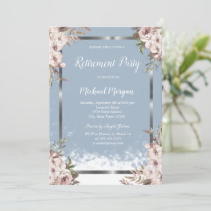 Blush Flowers Silver Frame Dusty Blue Retirement Invitation