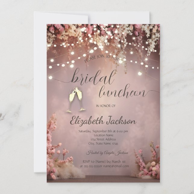 Blush Flowers String Lights Champagne Wedding Invitation (Front)