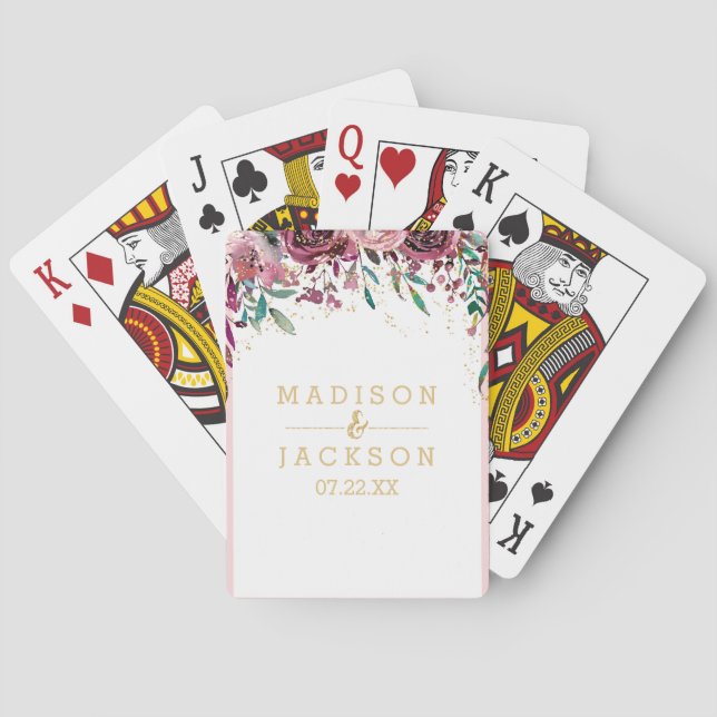 Blush Flowers Stripes Gold Confetti Wedding Favour Playing Cards (Back)