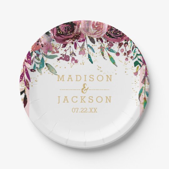 Blush Flowers Stripes & Gold Wedding Monogram 7 Inch Paper Plate