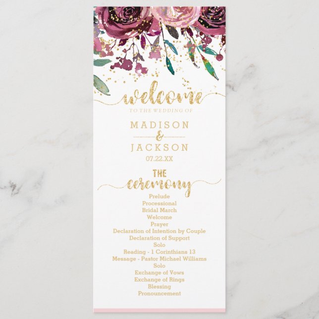 Blush Flowers Stripes & Gold Wedding Program (Front)