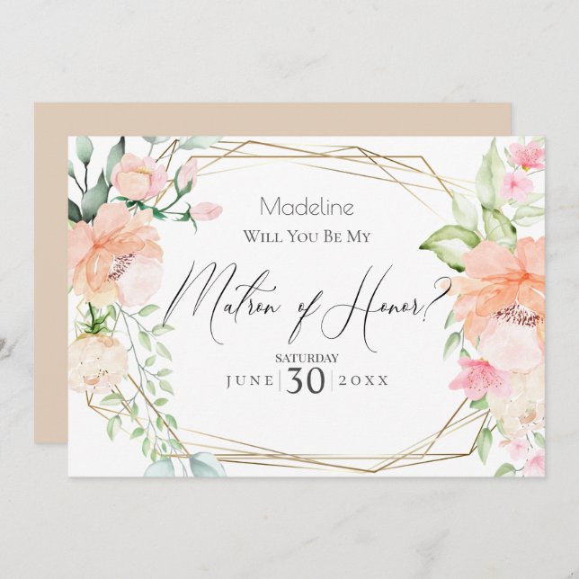 Blush Flowers Will You Be My Matron of Honour Invitation (Front/Back)