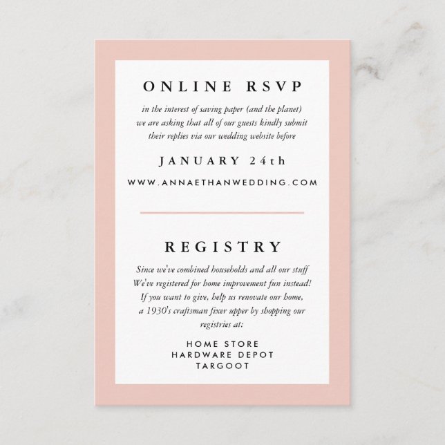 Blush Frame Wedding RSVP and Registry Enclosure Card (Front)