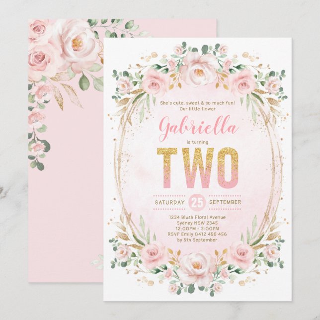 Blush Garden Floral Pink Gold Girl 2nd Birthday Invitation (Front/Back)