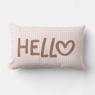 Blush Gingham Mocha Whimsical Heart Hello Lumbar Pillow