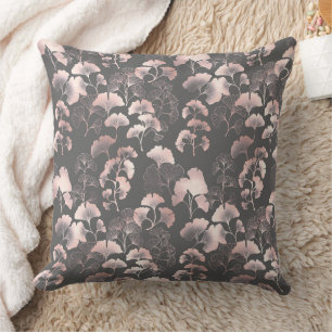 Blush Ginkgo Luxe – Gold Botanical on Black Throw Pillow