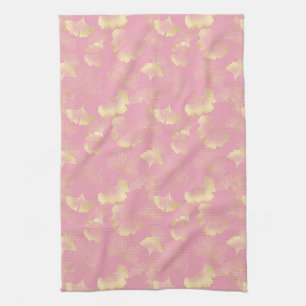 Blush Ginkgo Luxe – Gold Botanical on Pink (1) Kitchen Towel