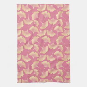 Blush Ginkgo Luxe – Gold Botanical on Pink (3) Kitchen Towel