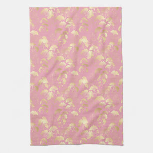 Blush Ginkgo Luxe – Gold Botanical on Pink (7) Kitchen Towel
