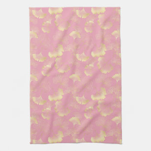 Blush Ginkgo Luxe – Gold Botanical on Pink Kitchen Towel