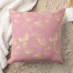 Blush Ginkgo Luxe – Gold Botanical on Pink Throw Pillow