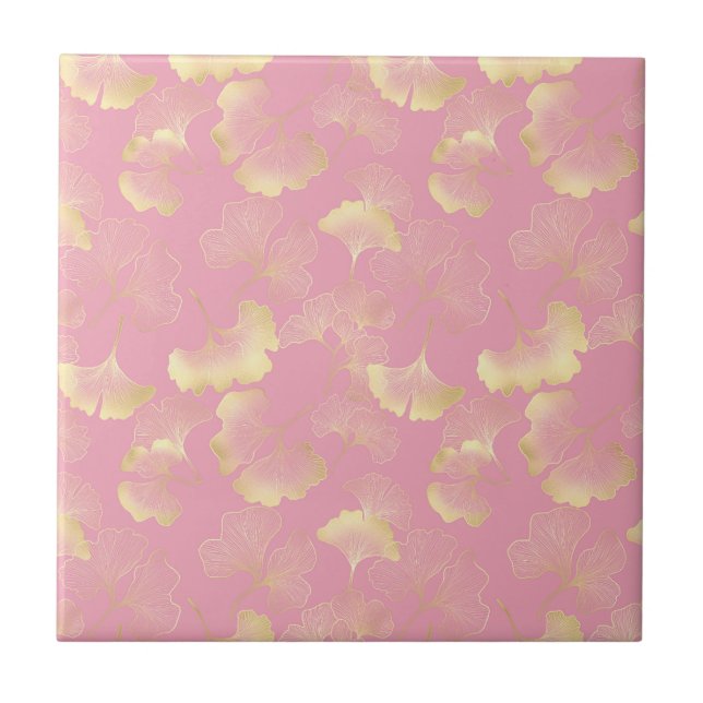 Blush Ginkgo Luxe – Gold Botanical on Pink Tile (Front)