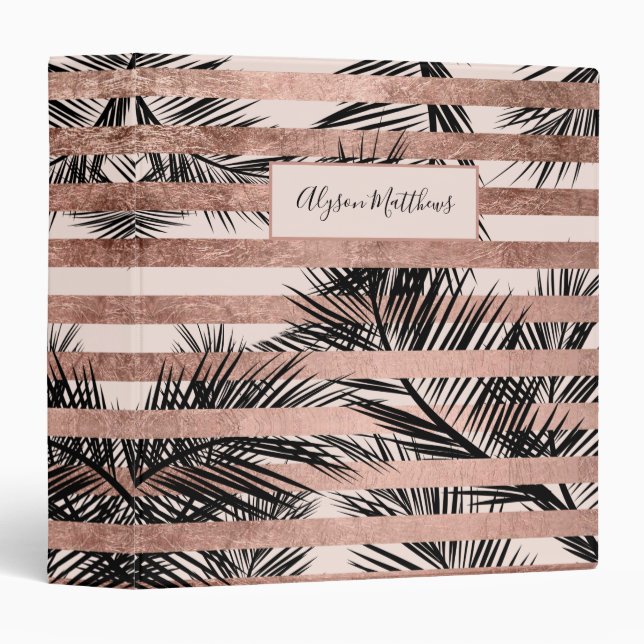Blush girly rose gold palm leaf stripes pattern binder (Front/Spine)