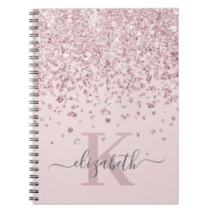 Blush Glam Rose Gold Glitter Diamond Monogram Notebook