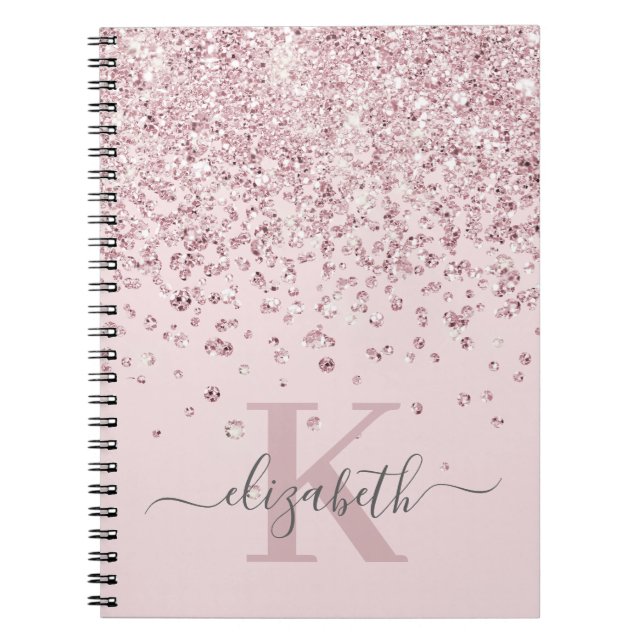 Blush Glam Rose Gold Glitter Diamond Monogram Notebook (Front)