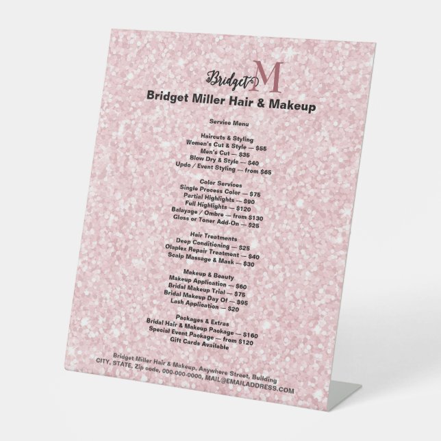 Blush Glitter Beauty salon monogram Price List  Pedestal Sign (Front)