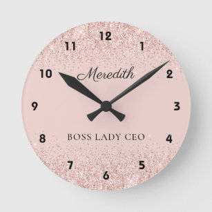 Blush Glitter Boss Lady CEO Personalized Keepsake Round Clock