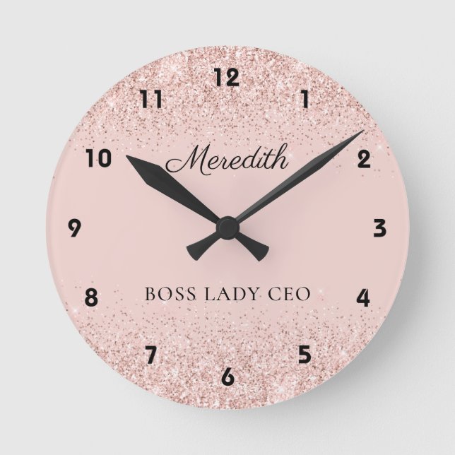 Blush Glitter Boss Lady CEO Personalized Keepsake Round Clock (Front)